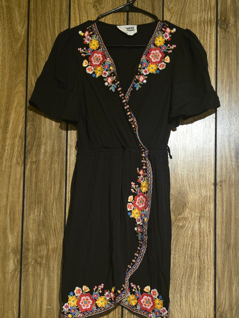 Savanna Jane Black Floral Embroidered Wrap Dress